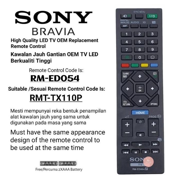 Sony Bravia Flat Panel Led Lcd TV Replacement Remote Control RM-ED054