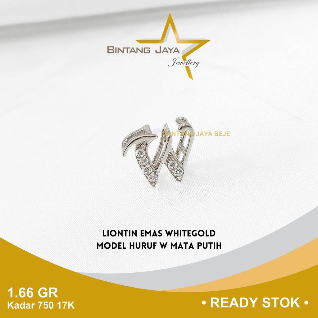 Liontin Emas Whitegold Kadar (17K) - Berat 1.66 gr gram Model Huruf W Mata Putih Perhiasan Charm Mai