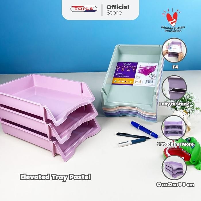 

Elevated Tray Rak Susun Kertas Meja Kantor TOPLA ukuran Folio F4 Warna Pastel Biru Hijau Pink Ungu