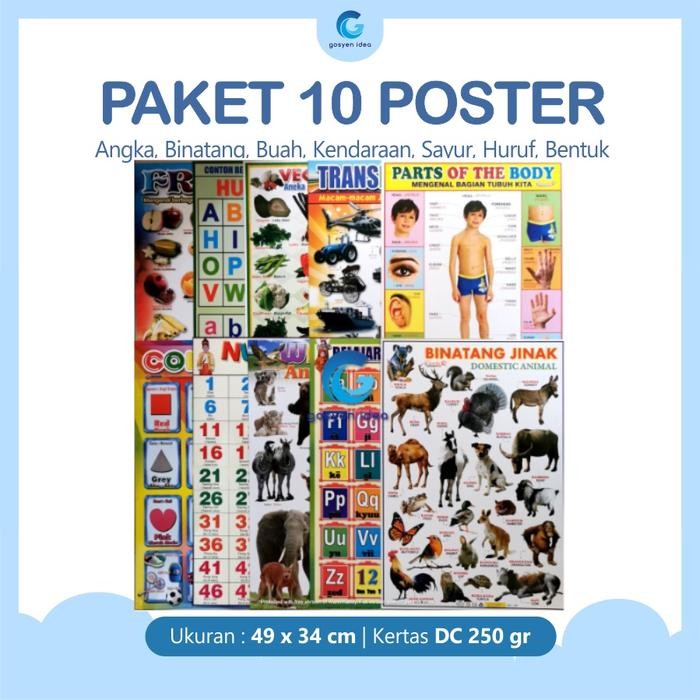 

OJ Paket 10 Poster Belajar Anak Edukasi Angka, Binatang, Buah, Kendaraan, Sayur, Huruf, Bentuk