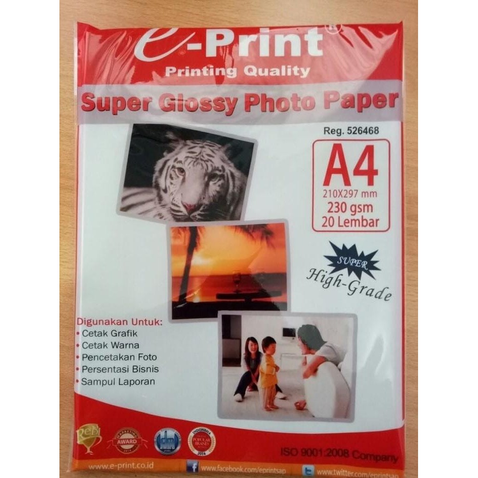

Kertas Foto Eprint Glossy 230Gsm - A4 Isi 20lembar / Photo Paper