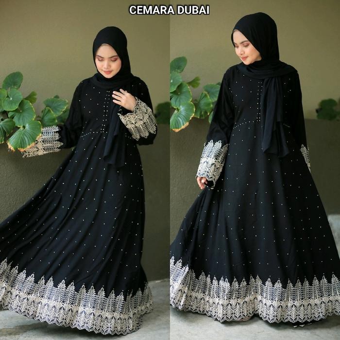 gamis dress muslimah abaya hitam cemara dubai gaun princess jetblack mewah Bordir Wanita Syari Arab