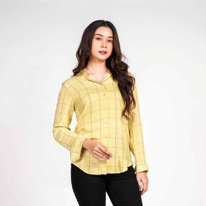 SIAPKIRIM C2 Fuegon Yellow Kemeja Casual Wanita Lengan Panjang Motif Kotak READY STOCK