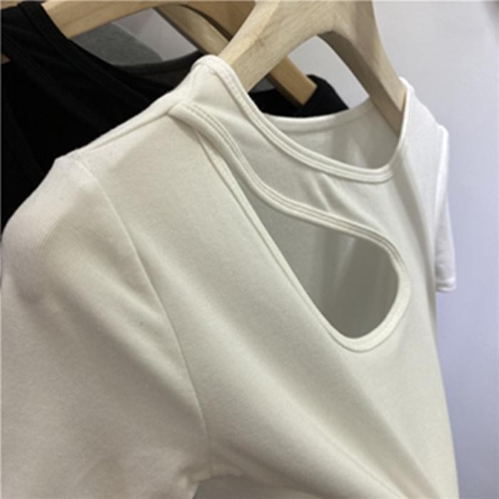 khaefashionKaos Crop Top Halter Neck Baju Atasan Wanita T-Shirt Lengan Pendek Unfinished Style
