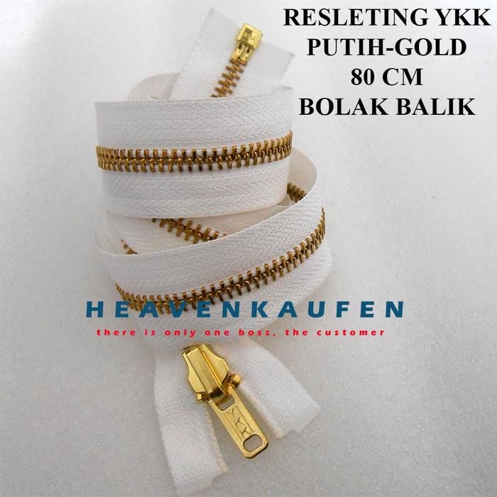 Resleting Zipper Jaket YKK 80 cm Gigi Besi Putih Gold Bolak Balik
