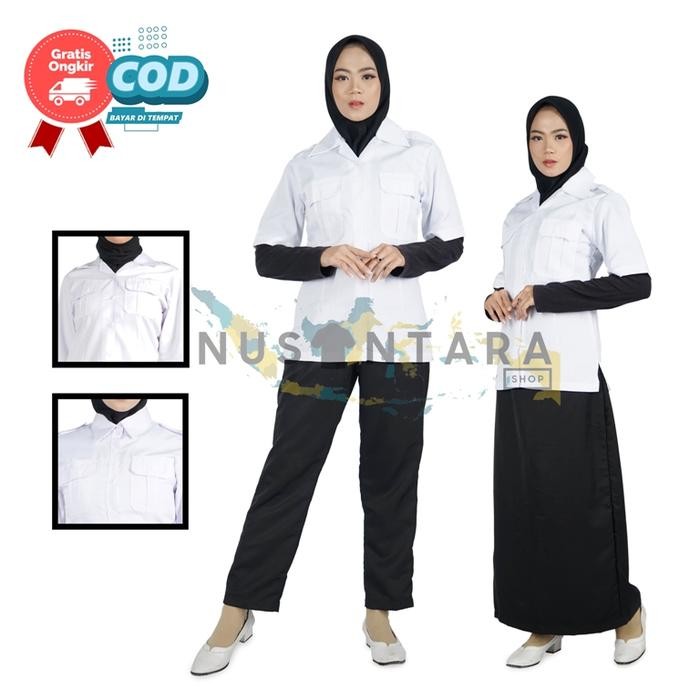 ASLI Seragam Pdh Pns Hitam Putih Wanita Setelan Celana Rok Kerah Blazer Panjang Kerja READY STOCK