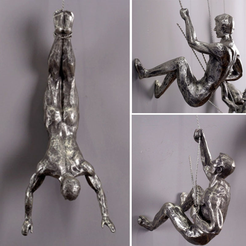 Industrial Style Climbing Man Resin Iron Wire Wall Hanging Decoration Sculpture Figures Creative Ret