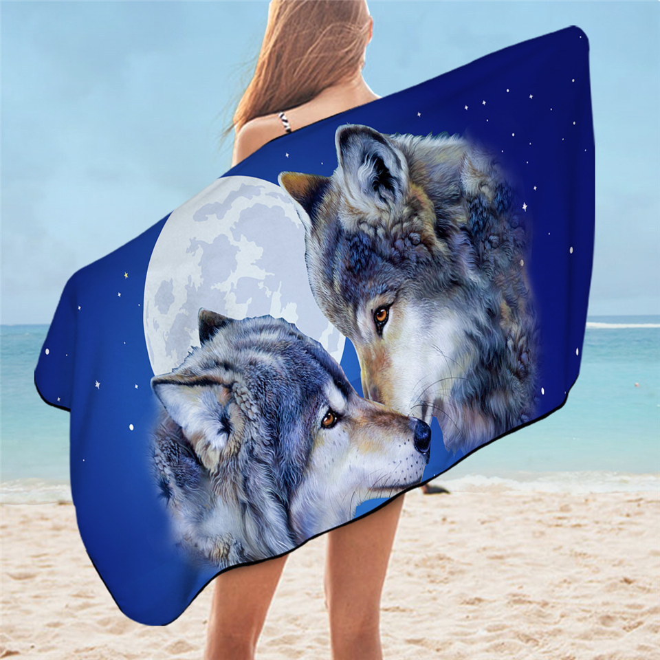 Wolf Couple by Ismot Esha Bathroom Towel Moon Microfiber Beach Towel Blue Night Sky Toalla 75x150cm 