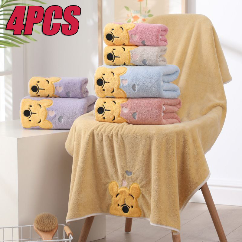 4PCS Household Washcloth Children Cartoon Bath Towel Thickened Coral Velvet Embroidered Pooh Bear To