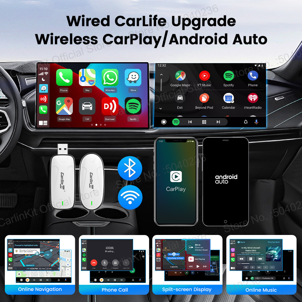CarlinKit Baidu Carlife Wired to CarPlay Android Auto Adapter 2-In-1 Wireless Car Navigation Box