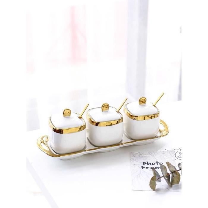 Tempat Bumbu White Keramik List Gold Set / Tempat Bumbu Set