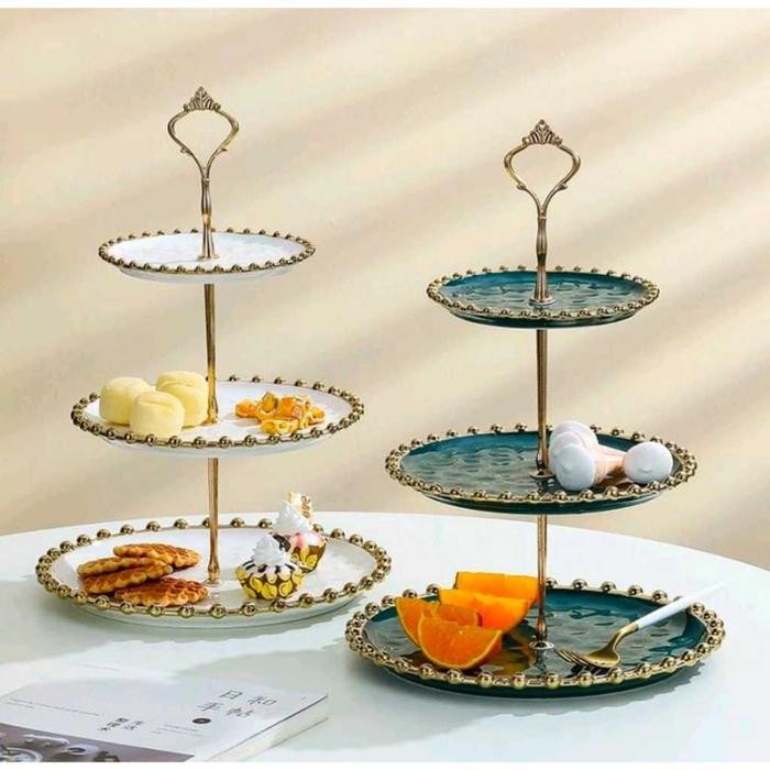 Premium Gold Cake Tier / Rak Susun Kue Roti 3 Tingkat / Piring Kue