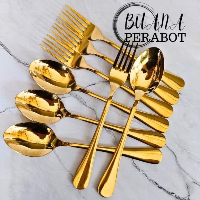 PROMO 1 SET SENDOK MAKAN EMAS DAN GARPU MAKAN EMAS TEBAL STAINLES / SENDOK RESTORAN SENDOK HOTEL