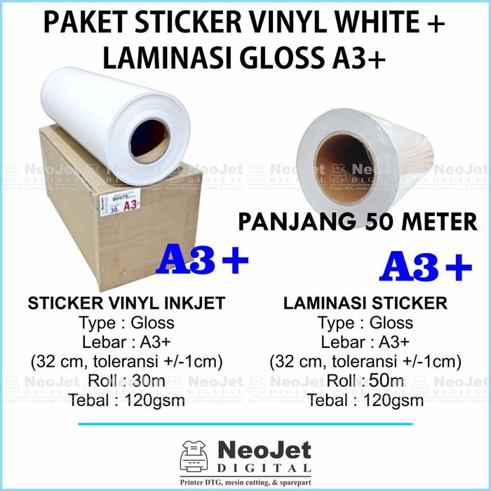 

Paket Sticker Stiker Vinyl Inkjet White Glossy + Laminasi Glossy A3+