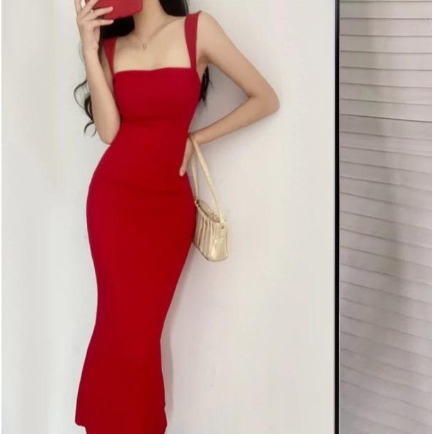 Femme Fatale - 7861 Red Dress Merah Backless Serut Pesta Korean Style Imlek Wanita Dress Sexy Pantai