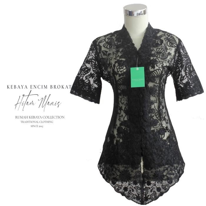 Kebaya Encim Brokat Kartini Modern Tanpa Furing Lengan Pendek Hitam
