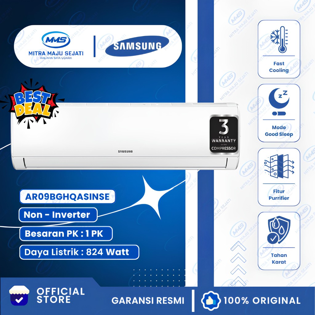 AC Samsung 1 PK Standard AR09BGHQASINSE – Hemat Listrik 824W, Cepat Dingin & Udara Merata