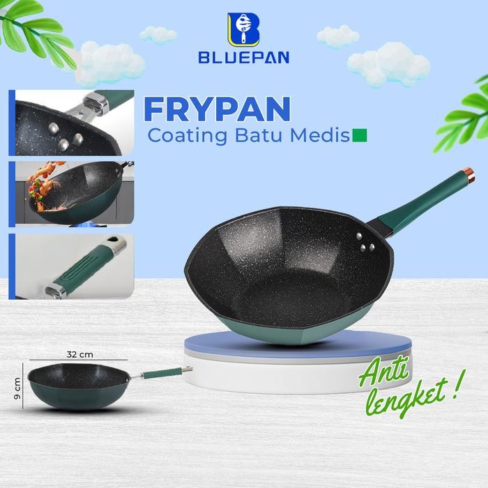 Bluepan Wajan Granit Hitam Wajan Penggorengan Batu Medis 32CM Segi Delapan Wajan Penggorengan Besar