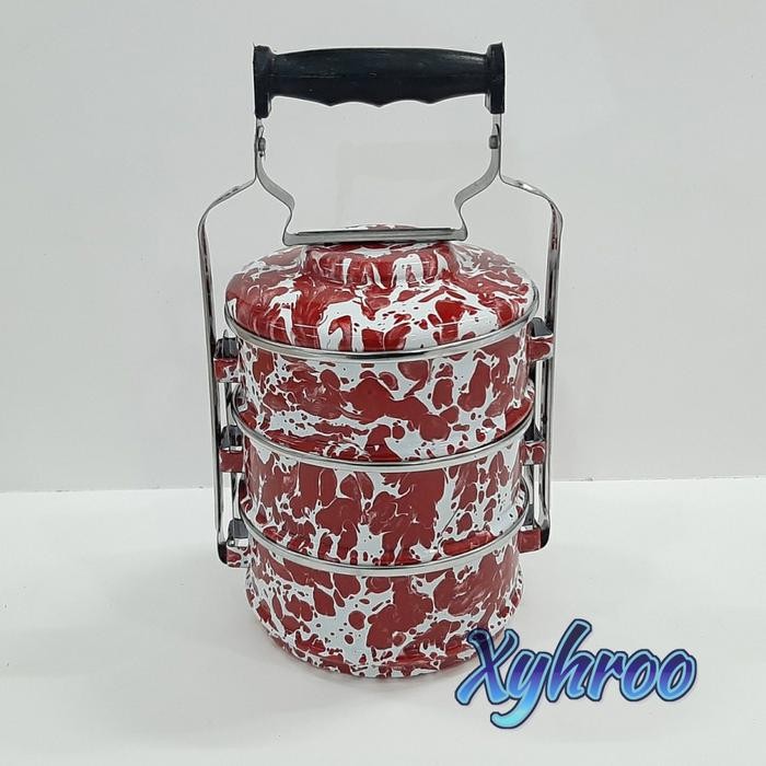 Rantang Enamel Susun 3 Ukuran 14Cm Merah Blirik Marble