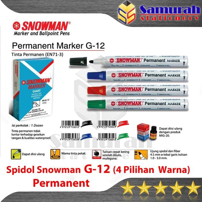 

New Spidol Permanent Snowman Marker G-12 Pcs / G12 Permanen Besar G 12 Hitam Biru Merah Hijau