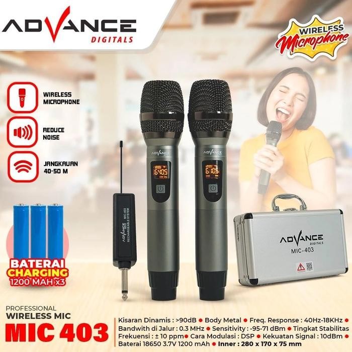 Ready Advance Mic Wireless MIC403 / MIC-403 Microphone Mic double (Batrei dapat di Charger )UHP