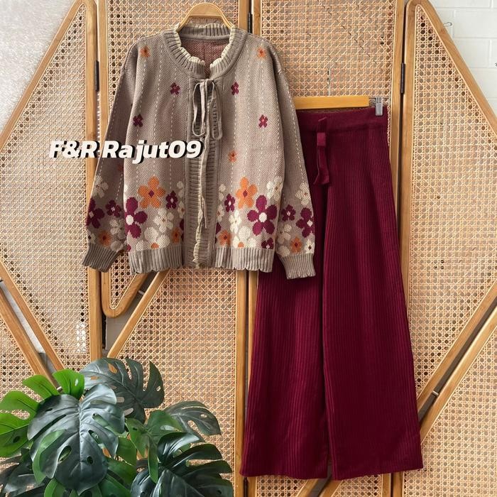 Oneset Rissda Cardigan Rajut Motif Tali Pita Bunga Setelan Celana Kulot Premium Wanita Lengan