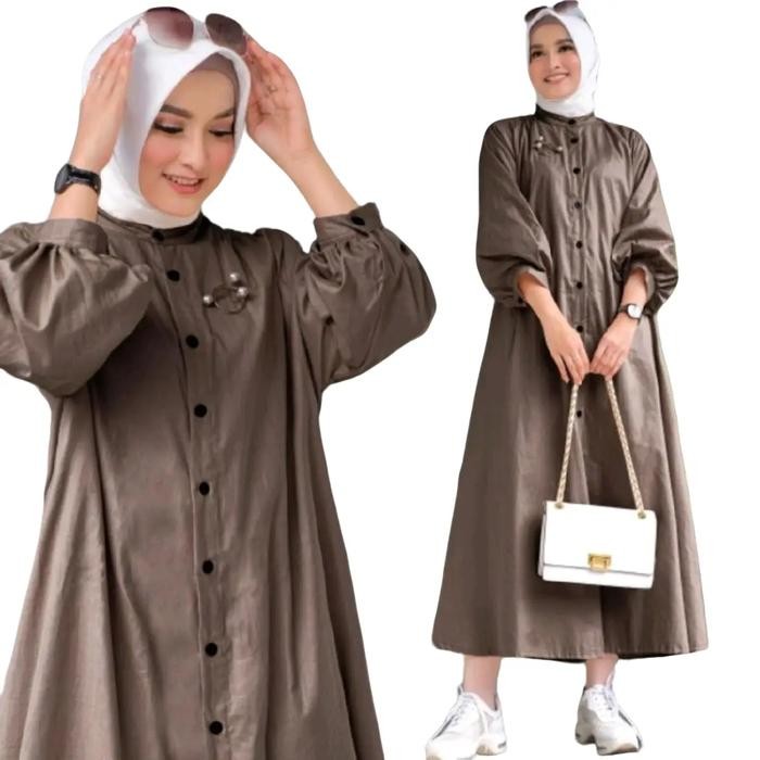 1fihz- Piya Midi Dress Baju Long Tunik Dres Bahan Linen Rami Premium Polos Full Kancing Depan