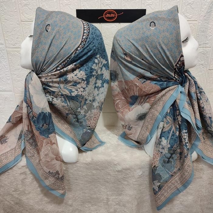 lplw- Hijab Segi Empat Voal Motif Bunga Rantai Biru Muda Kerudung Jilbab Murah
