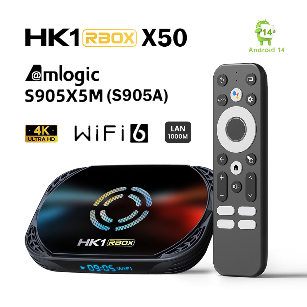 Hk1 Rbox X50 Tv Box Android 14 Amlogic S905X5M(S905A) 4G128G 2.4G/5G Dual Wifi Bt 1000M Lan Av1 4K