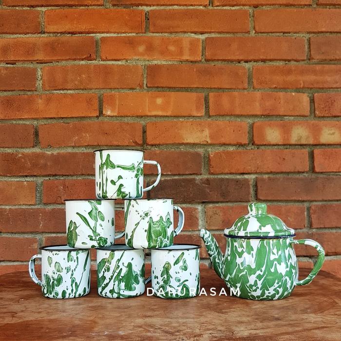 Set Teko Cebol + 6 Mug Lurik 7Cm Enamel Seng Blek Gelas Jadul Blirik Pasti Promo