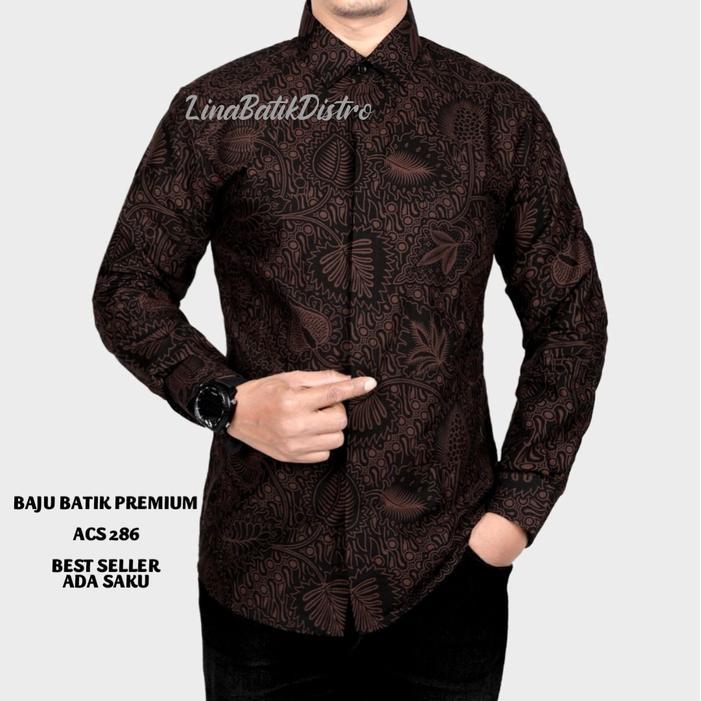 KEMEJA BATIK PRIA SLIM FIT / BAJU BATIK PRIA SLIM FIT MERAH FOYL122