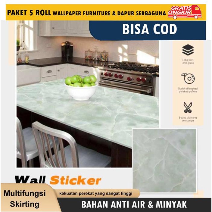 Paket 5 Roll Wallpaper Dapur,Furniture,Meja,Lemari Motif Marmer Hijau 45Cm X 4M Anti Air Pvc Grade A