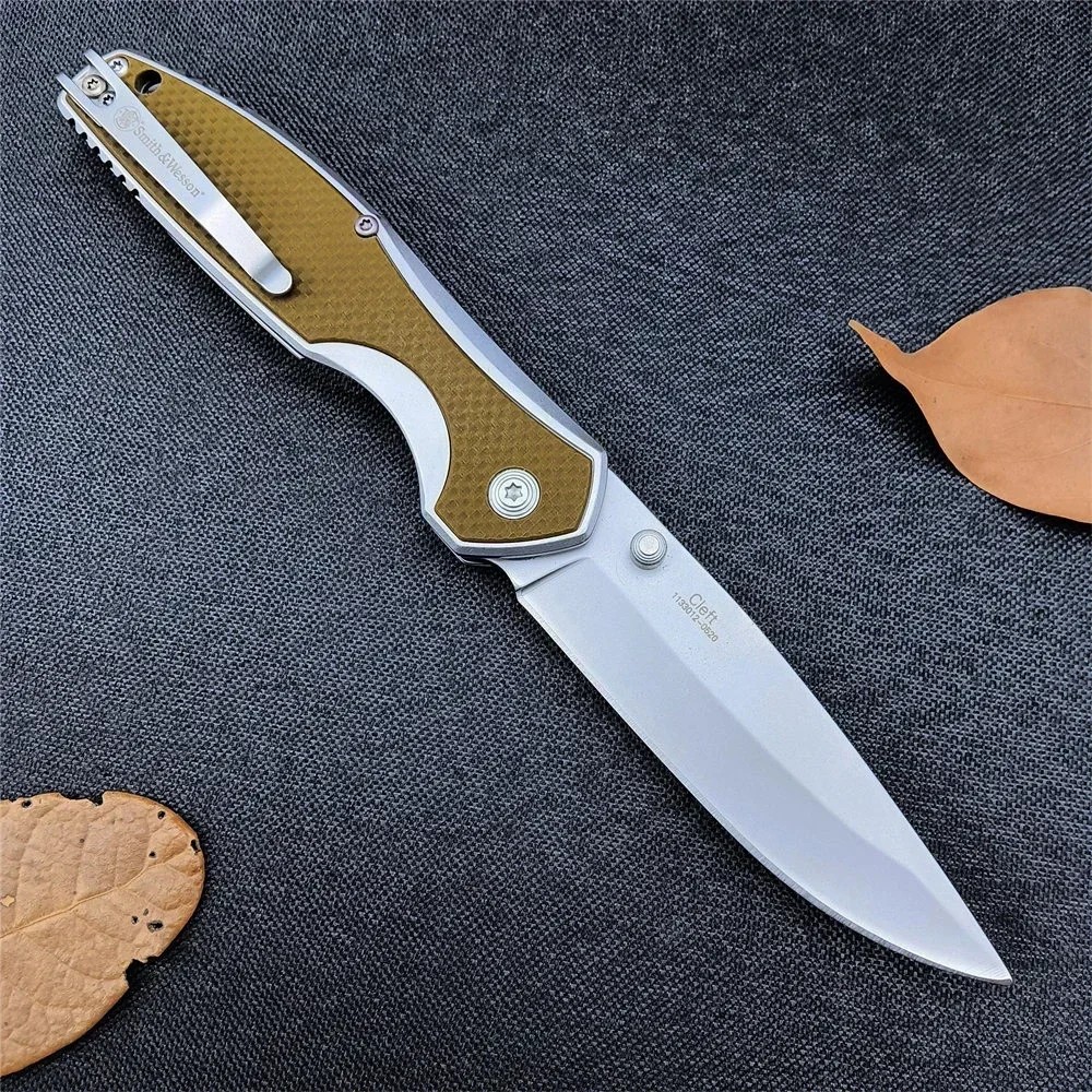 Smith & Wesson Cleft 0520 Assisted Folding Pocket Knife Satin Clip Point Blade Tan G10 and Stainless