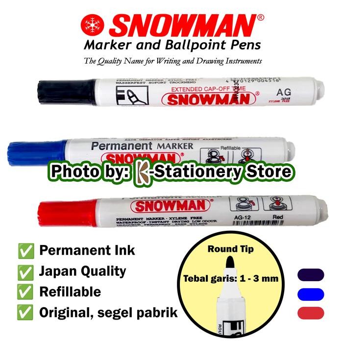 

New Spidol Permanent Marker Snowman AG-12 ( Hitam / Merah / Biru )
