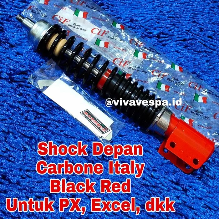 SHOCK DEPAN CARBONE ITALY BLACK RED UNTUK VESPA PX EXCEL LARGEFRAME