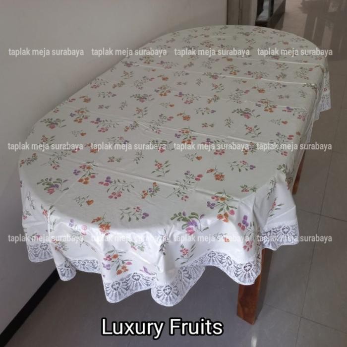 Taplak Meja Makan Oval 6 Kursi Plastik Anti Air Waterof Motif Bunga Buah Cantik Lucu
