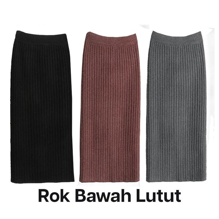ROK SPAN BAWAH LUTUT/BETIS MIDI PREMIUM RAJUT TEBAL ROK HITAM COKLAT WANITA ROK BAWAH LUTUT