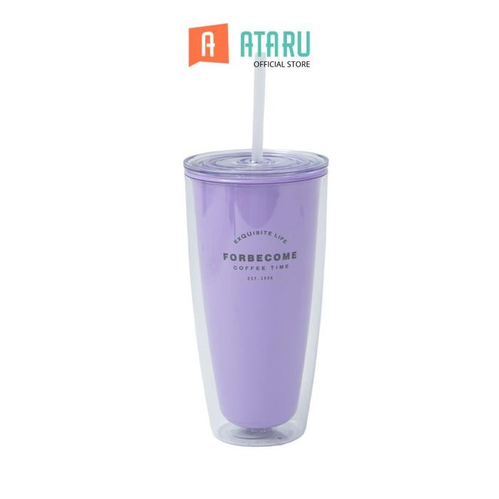 SALE Ataru Botol Minum Plastik Double Wall Dengan Sedotan 750 ml - Ungu Tumbler Botol Air Tempat