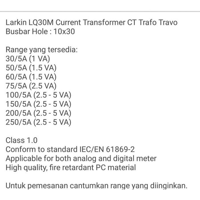 CT CURRENT TRANSFORMER LARKIN 30A S/D 250A -5 PANEL BOX LISTRIK