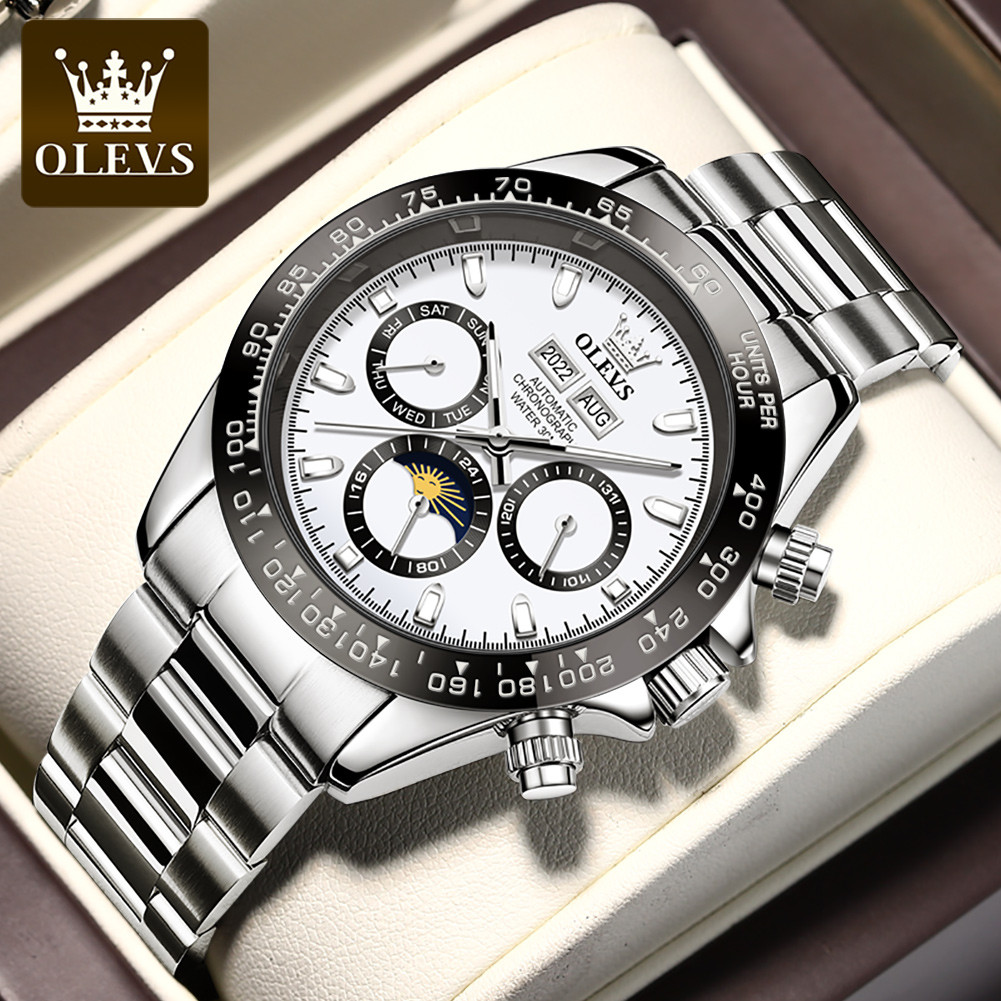 OLEVS 6654 Business Mens Wristwatch Moon Phase Date Chronograph Automatic Mechanical Waterproof