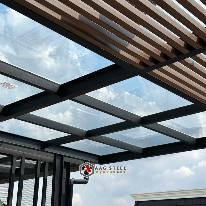 AAG Steel Kanopi Kaca Tempered 8mm Rangka Holo Tiang WF150 Baja Besi Transparan Kuat Tahan Lama