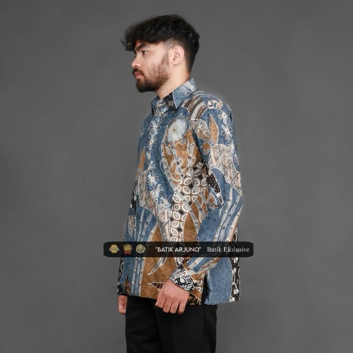baju kemeja batik pria lapis furing lengan pendek Premium Cakra Abu