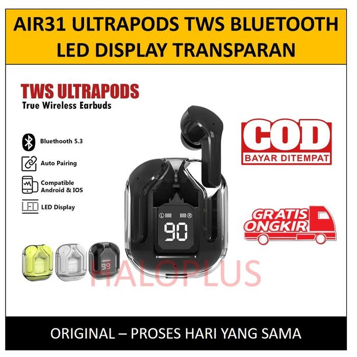 New Headset Bluetooth TWS Air31 TWS Air31 Ultrapods A31 Wireless LED Display Transparan Hifi Stereo