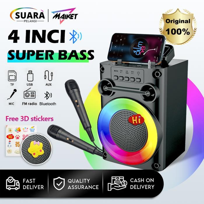 New MAIKET speaker bluetooth karaoke 2 mic dan salon full bass besar 4inci music box dan Dudukan