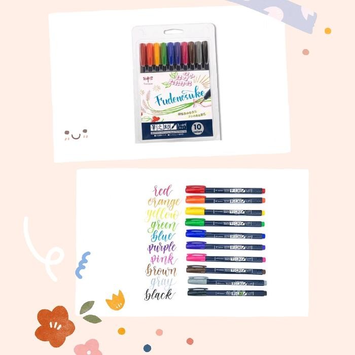 

Hot Sale! Tombow Fudenosuke Color Brush Pen Hard Tip Set 10 Pulpen Spidol Kaligrafi Warna