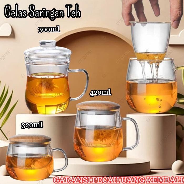 Gelas Saringan Kaca Aesthetic Unik Tahan Panas Seduh Herbal Rempah Teh
