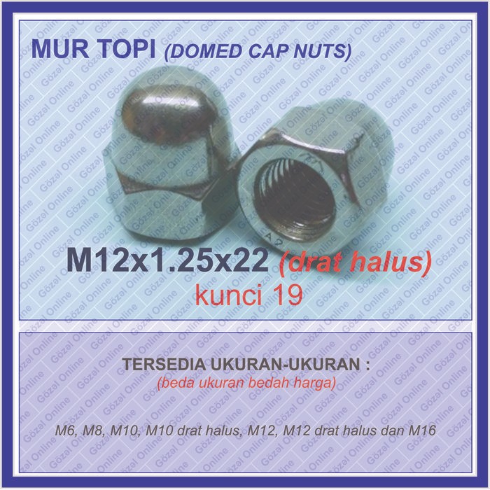 Mur topi SS304 - M12 x1.25mm DRAT HALUS kunci 19 - Stainless steel 304