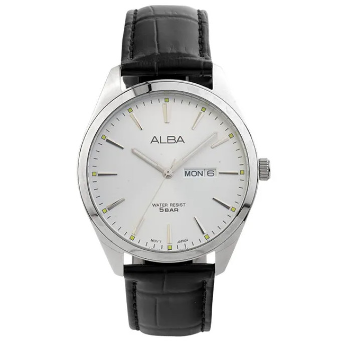 Jam Tangan Pria Alba AJ6193 AJ6193X1 Strap Leather Black Color Silver Dial Quartz Watch Original Gar