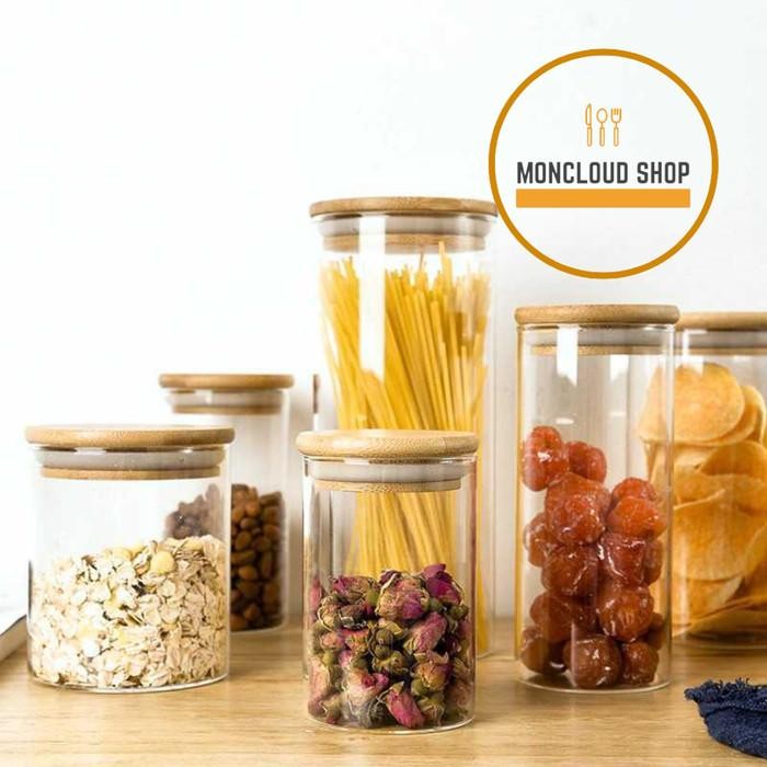 Toples Kaca Kedap Udara Tutup Kayu Kue Kering Bulat Jar Kaca 250 500ml