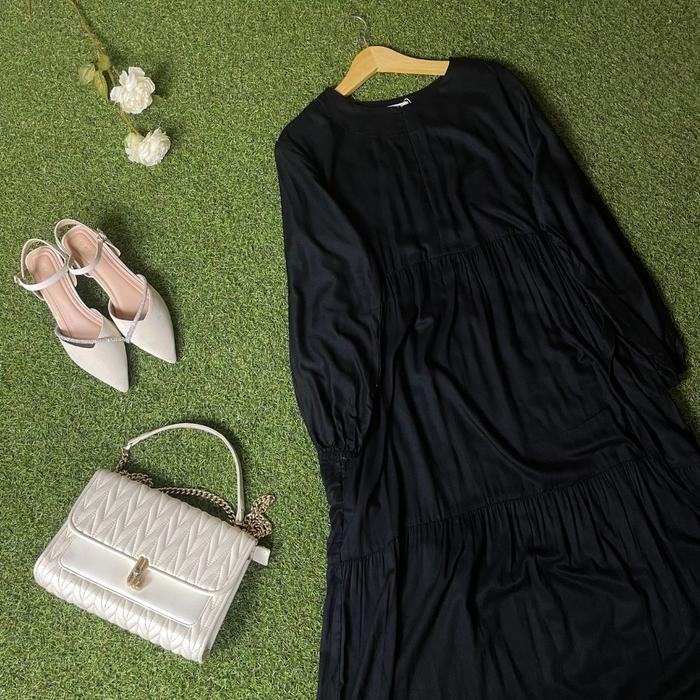 Ummi Athaya - Gamis Polos Zeta Black Twill, Dress Rayon Twill Rayon Viscose Ld 115 Motif Nyaman